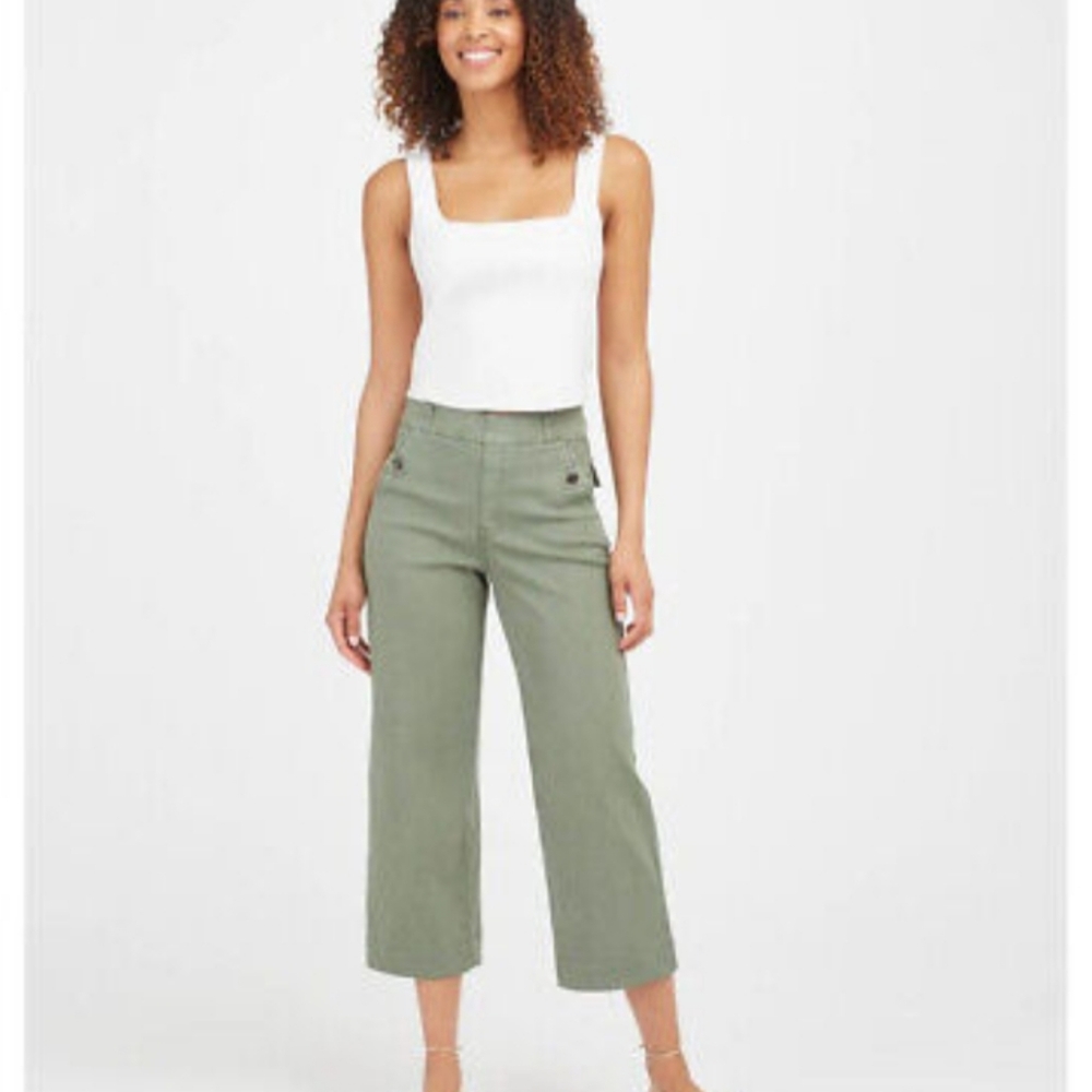 Spanx Light Green Stretch Twill Cropped Wide Leg Pants Size Medium